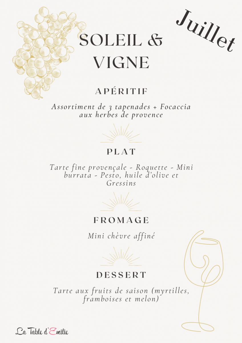 Menu - Entre Soleil et Vignes : Visite et dîner dans les vignes Menu - Entre Soleil et Vignes : Visite et dîner dans les vignes
