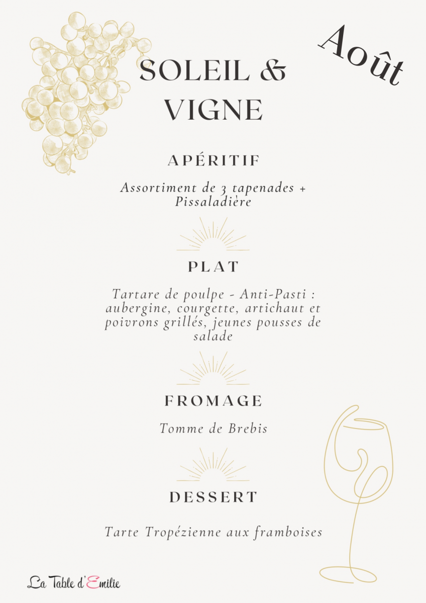 Menu - Entre Soleil et Vignes : Visite et dîner dans les vignes Menu - Entre Soleil et Vignes : Visite et dîner dans les vignes