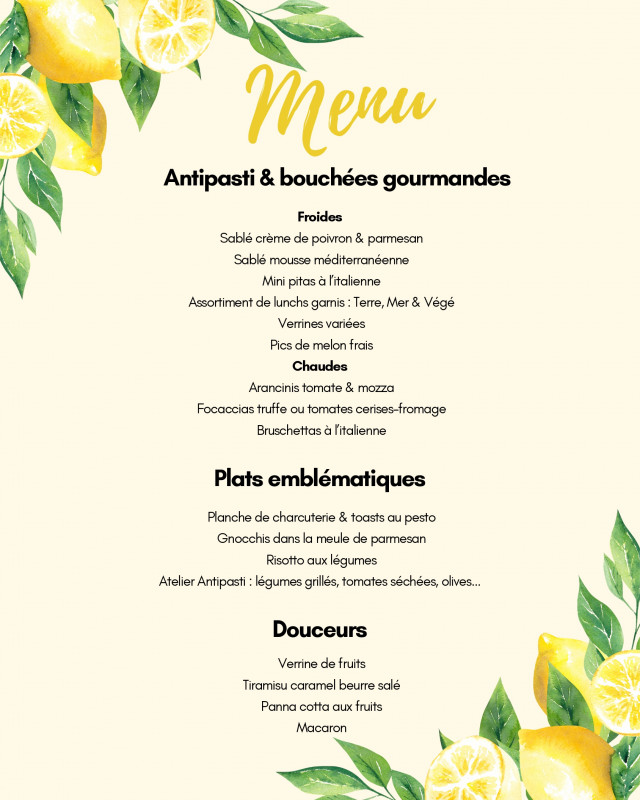Menu - Soirée Dolce Vita au Domaine La Dona Tigana